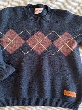 Taylor Swift Navy Crewneck Sweater with Pink Argyle and Cream Stitching